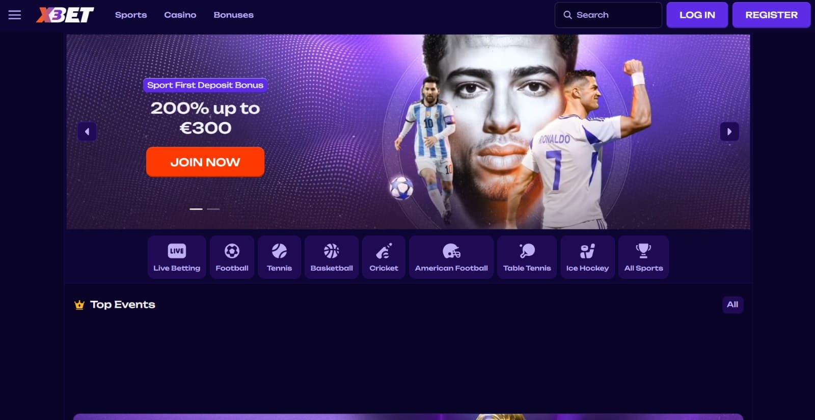 X3Bet Casino's landing page featuring the sports welcome bonus banner with image of footballers above the game category section