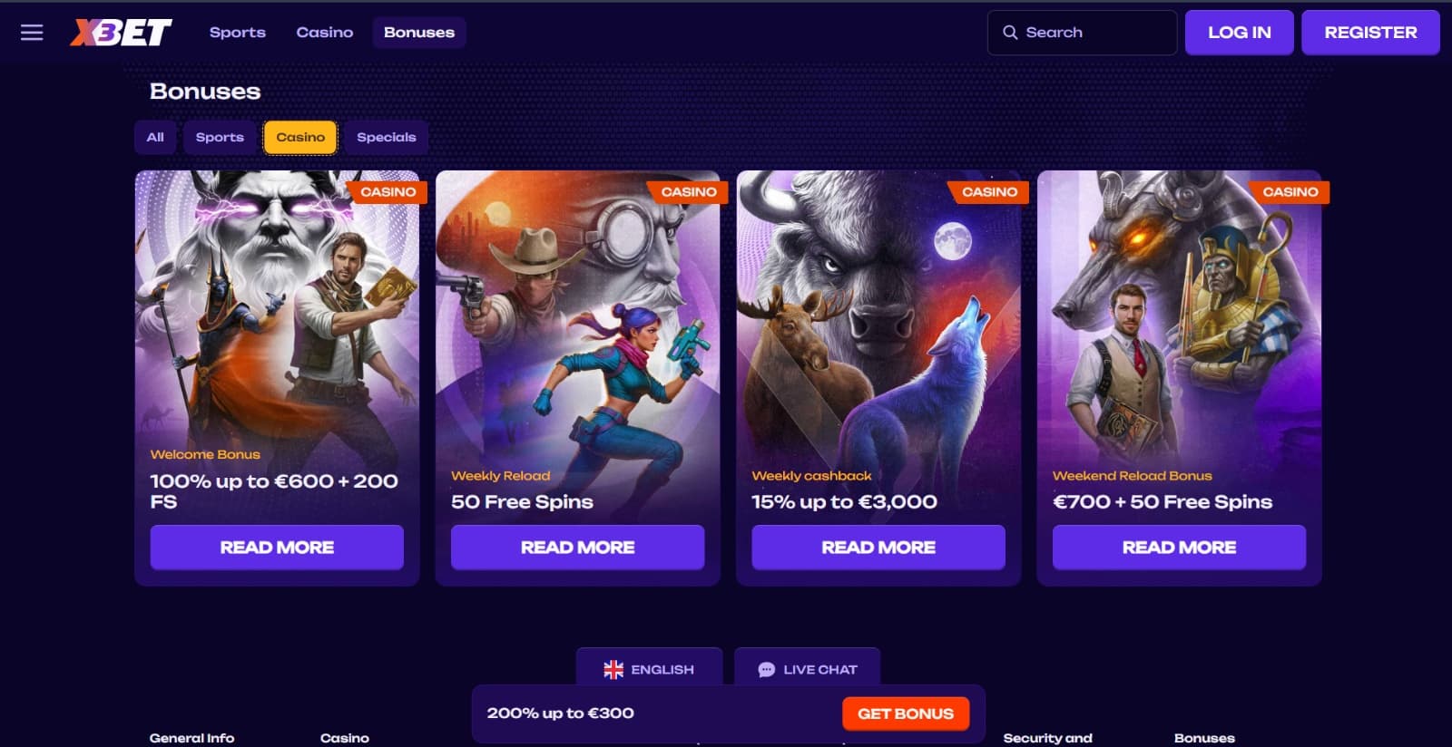 X3Bet Casino's promotions page featuring the welcome bonus, weekend cashback, and weekly reload bonuses with their respective banners and purple buttons