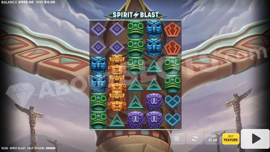 Five casino slot reels with 6 rows on top of a totem pole.