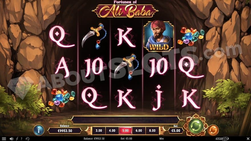 The slot's five reels in front of a cave entrance.