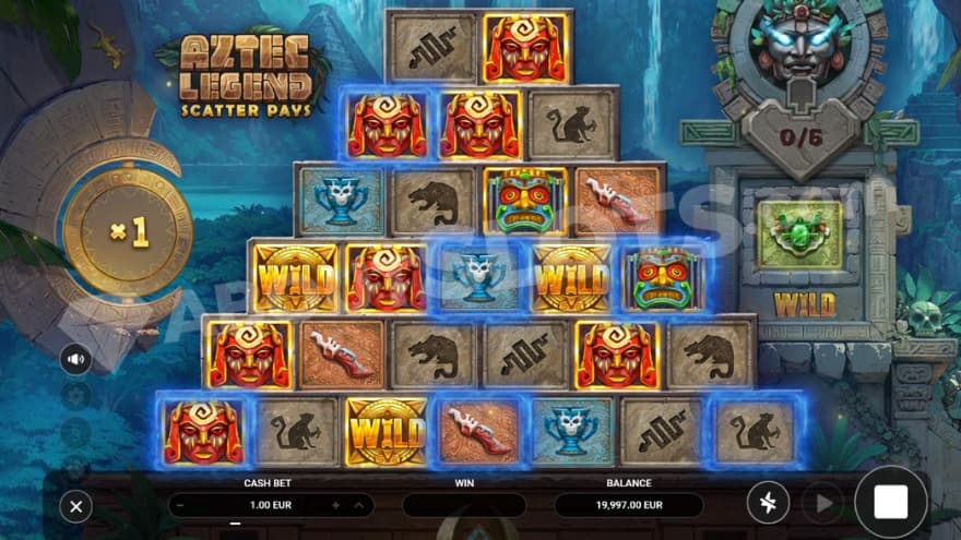 Base game with wild symbols on the reels with a 1X multiplier to the left.