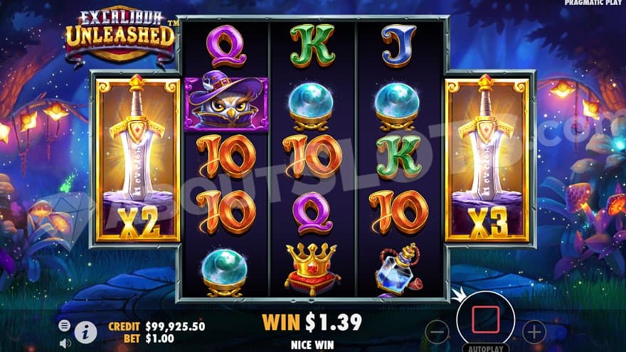 A 2x Wild Symbol on the first reel and a 3X Wild on the fifth in the free spins.