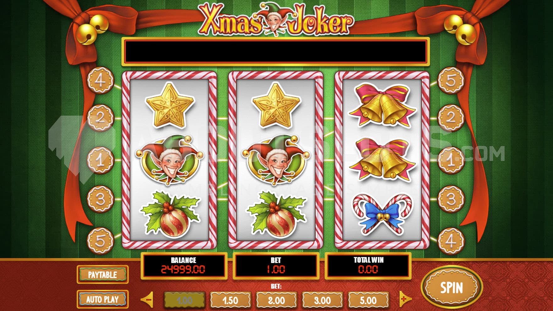 Base Game view of a 3x3 grid on a striped green background surrounded by Christmas decorations.