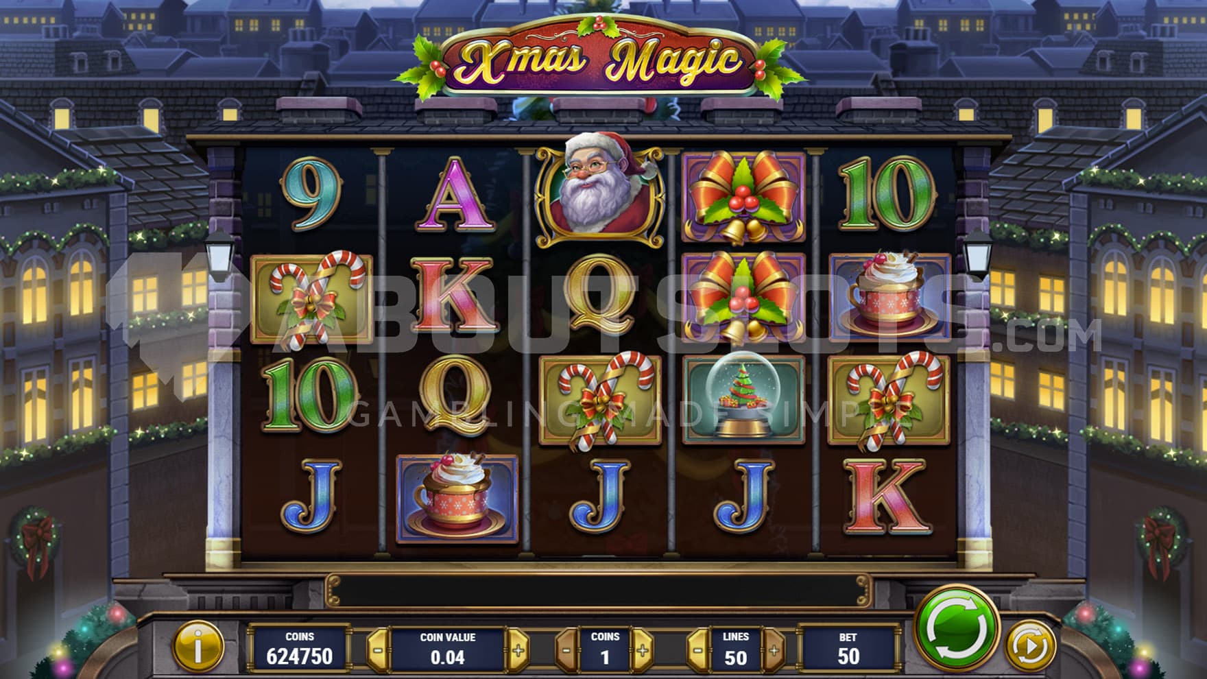 Base Game view of a 5x4 grid populated by Christmas-themed symbols on a backdrop of a nighttime city.