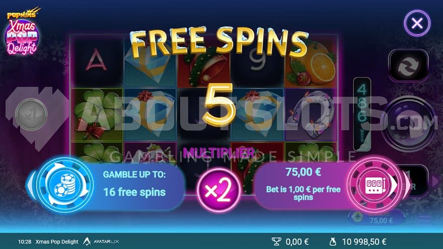A screen offering the Free Spins for 75X the bet.
