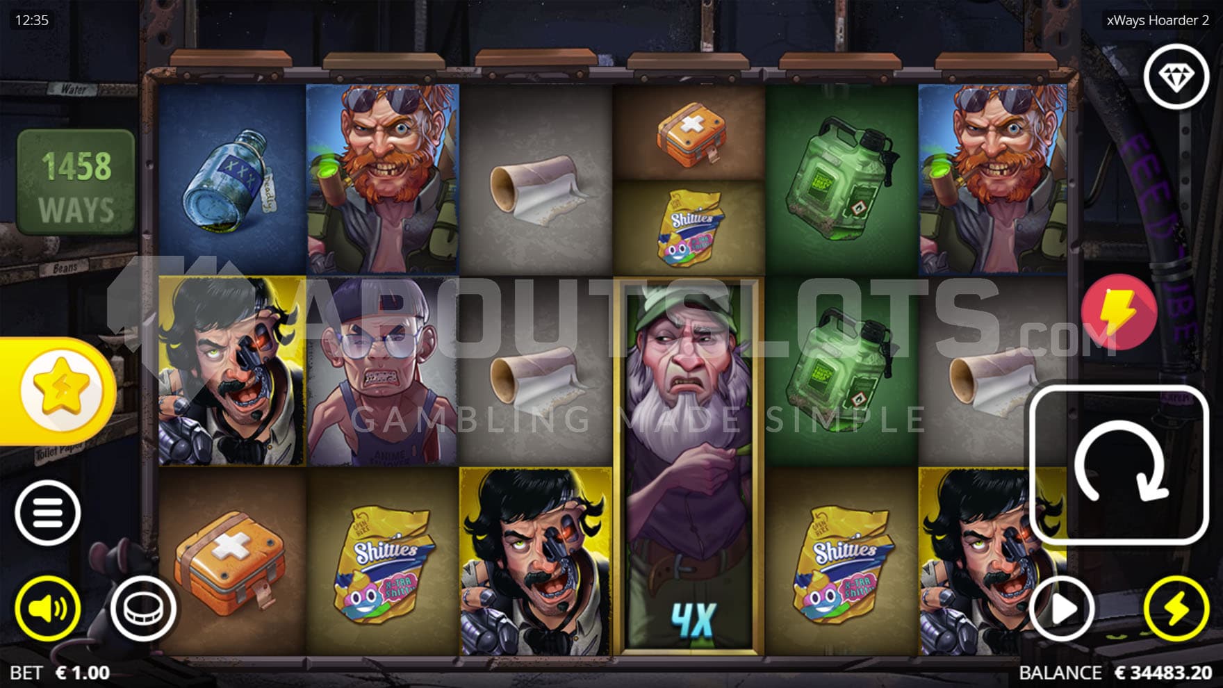 Base Game view of a 6x3 grid with a mix of high and low-paying symbols on a backdrop of a dark inside of a bunker.