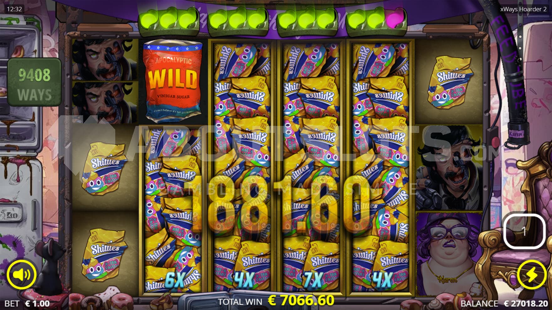 Free Spins bonus showing the final stage of progression - Binge Spins, with multiple xWays symbols on middle reels.
