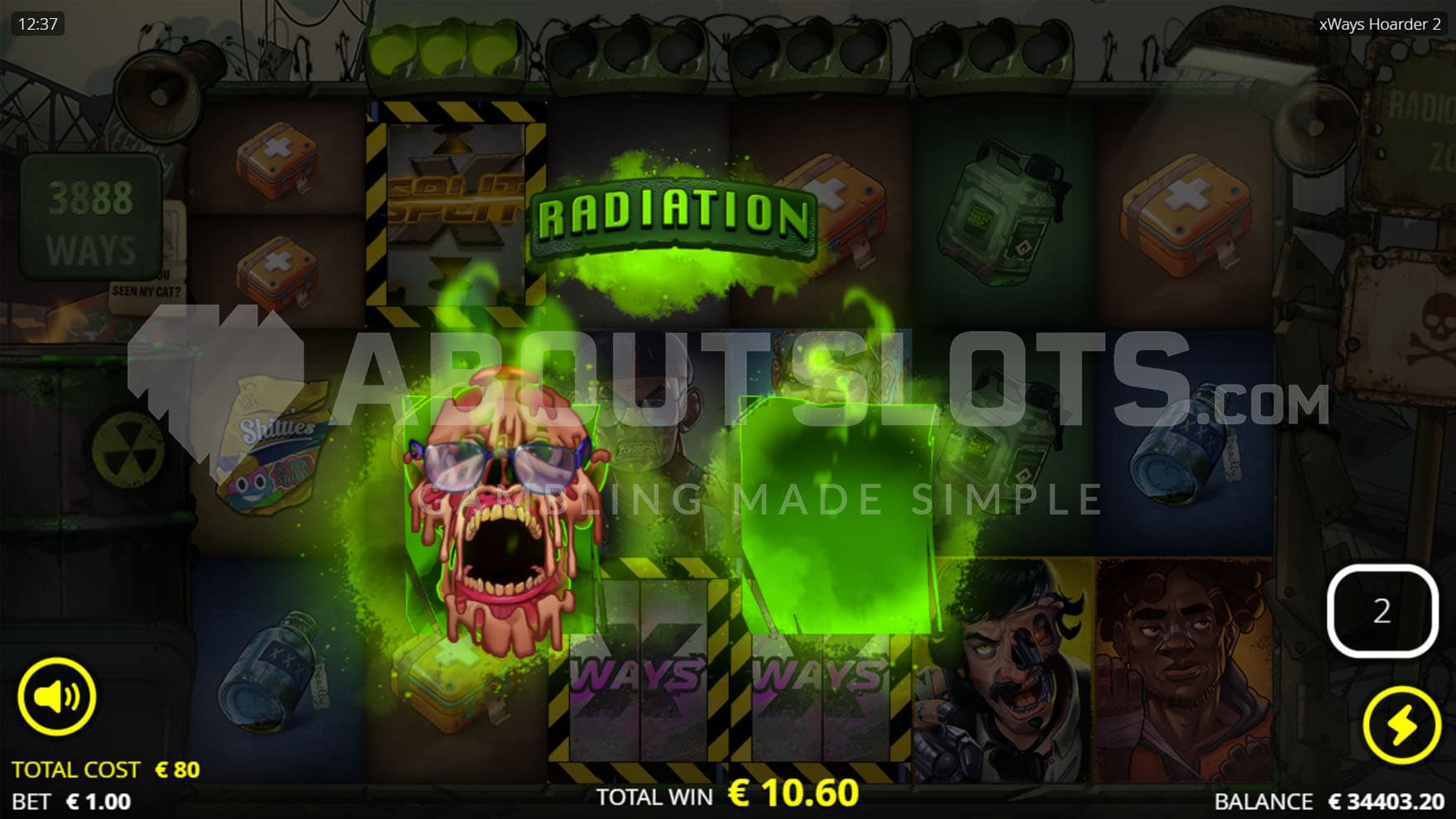 Free Spins bonus showing a level-up moment of advancing to the next Radiation Level.