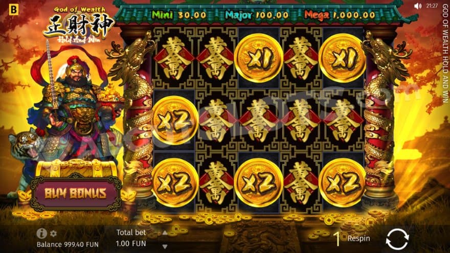Hold and win feature where you can see the god of wealth together with a tiger to the left.