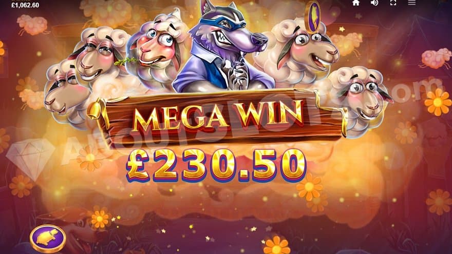 A grinning wolf surrounded by sheep and the text "mega win."