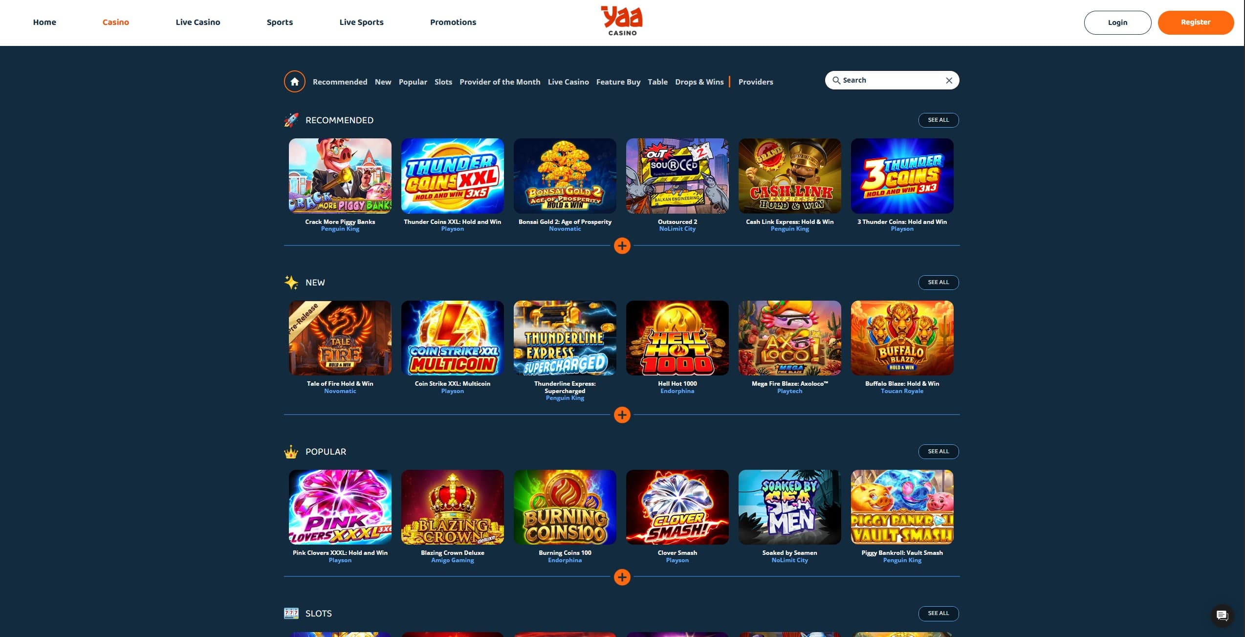 YaaCasino Games Page showing a selection of slot games
