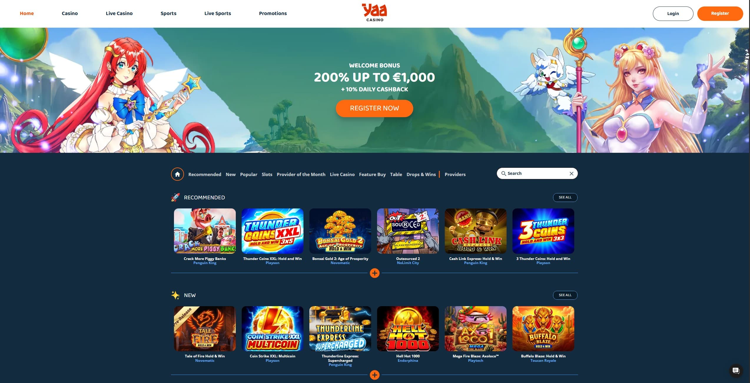 YaaCasino Landing Page showing the welcome bonus offer and a selection of games