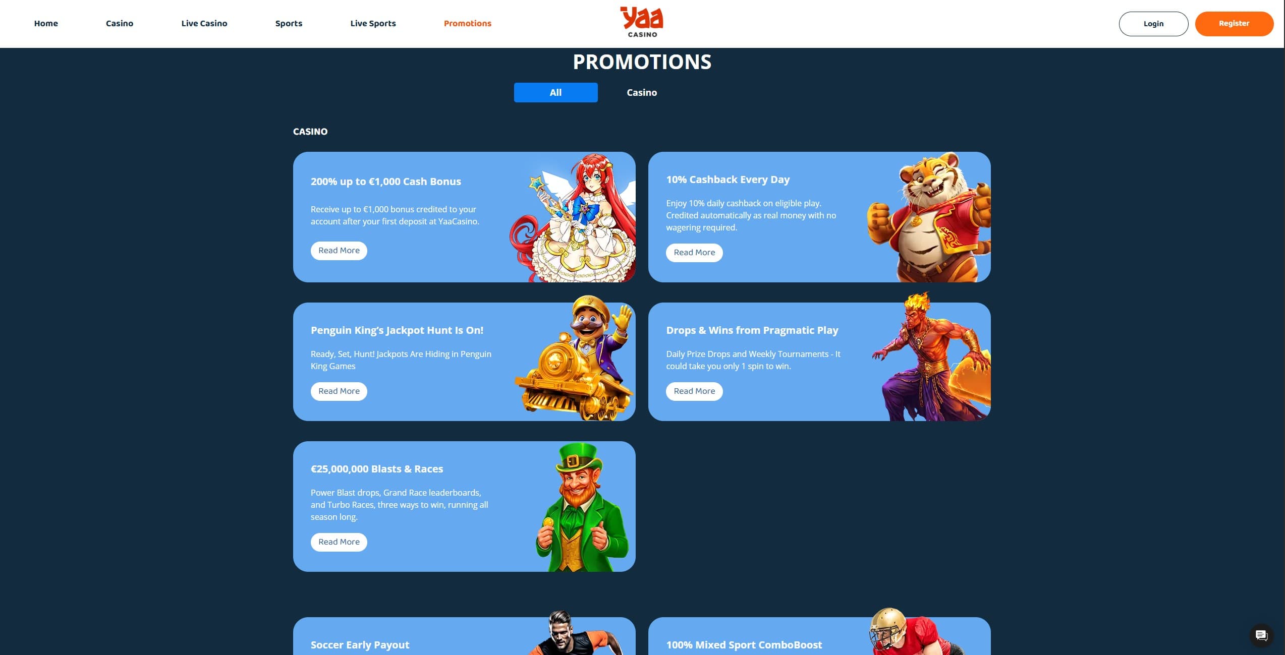YaaCasino Promotions Page showing the available bonuses and promotions