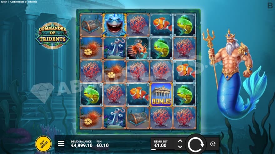 Base game with Poseidon to the right of the reels.