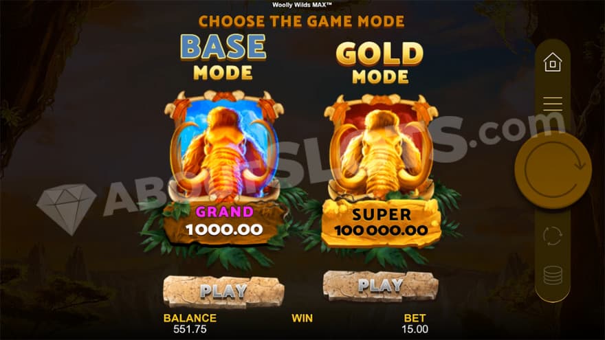 The two game modes, base and gold, are presented on the screen.