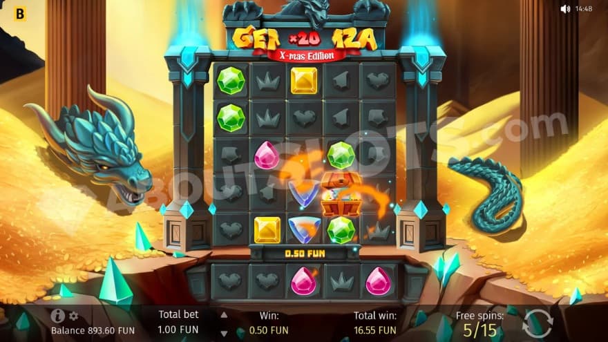 Bonus game with a dragon swimming in a large pile of gold.