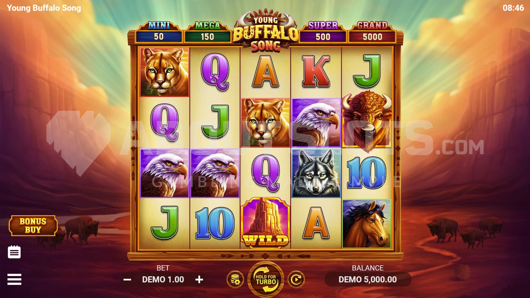 Base Game view of a 5x4 grid on a backdrop of natural plains surrounded by towering rock formations.