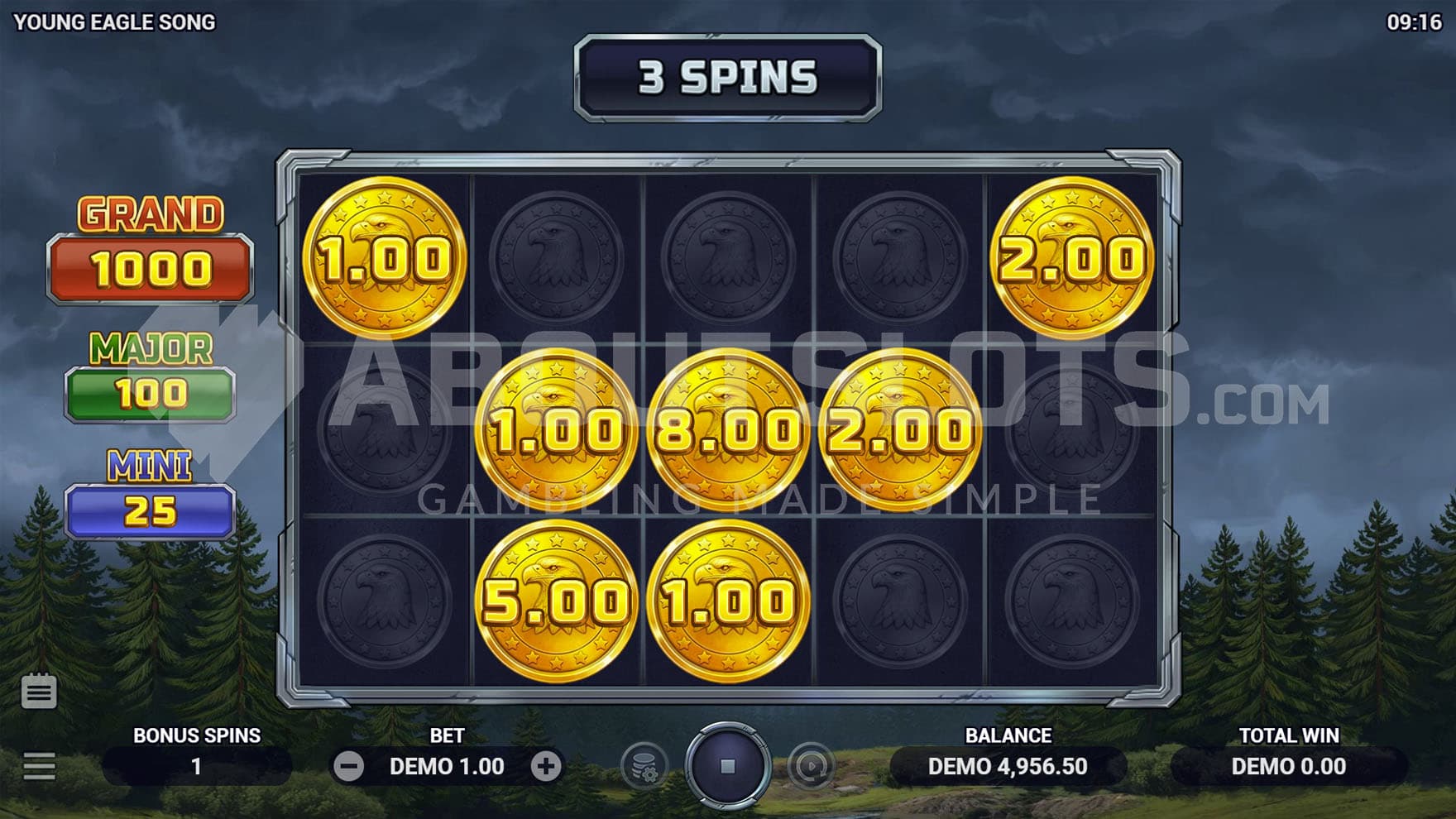 Bonus Game in progress, showing several coins with cash prizes locked on the grid.