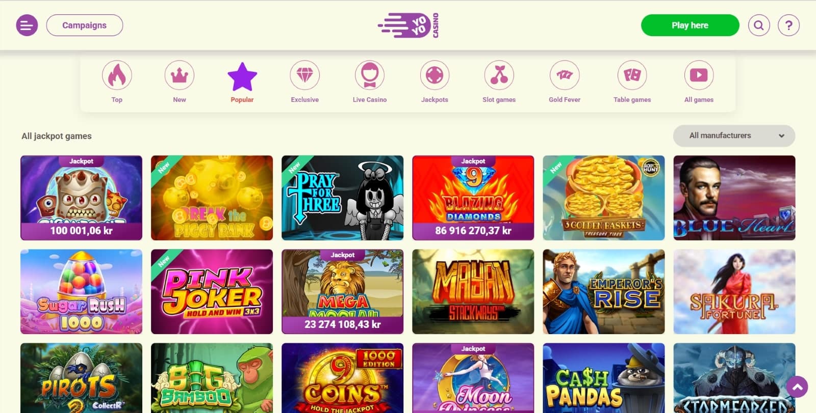The games section of YoYoCasino SE displays a selection of slot games, such as Reactoonz, Pink Joker, and more.