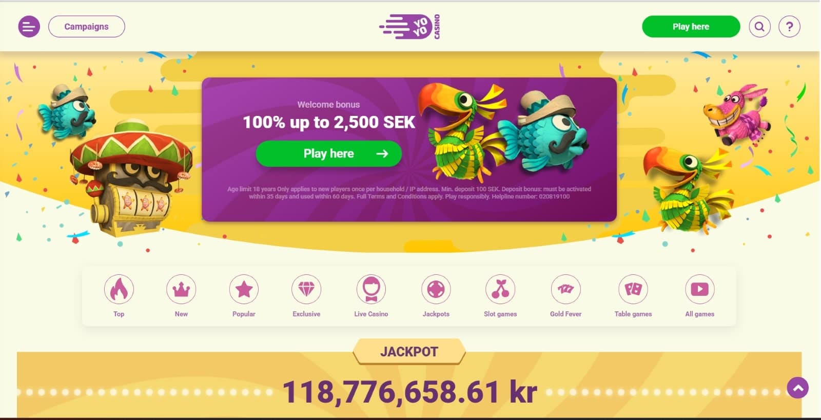 The landing page of YoYoCasino SE shows the welcome casino bonus of up to 2500 kr.