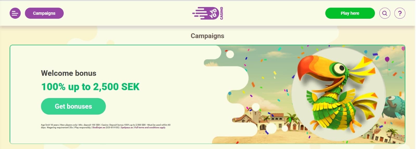 The promotions page of YoYo Casino presents the welcome bonus of 100% up to 2500 kr.