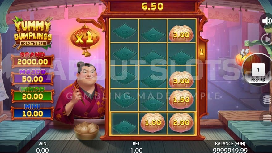 Dumpling symbols on reels 2 and 3 in the bonus game.