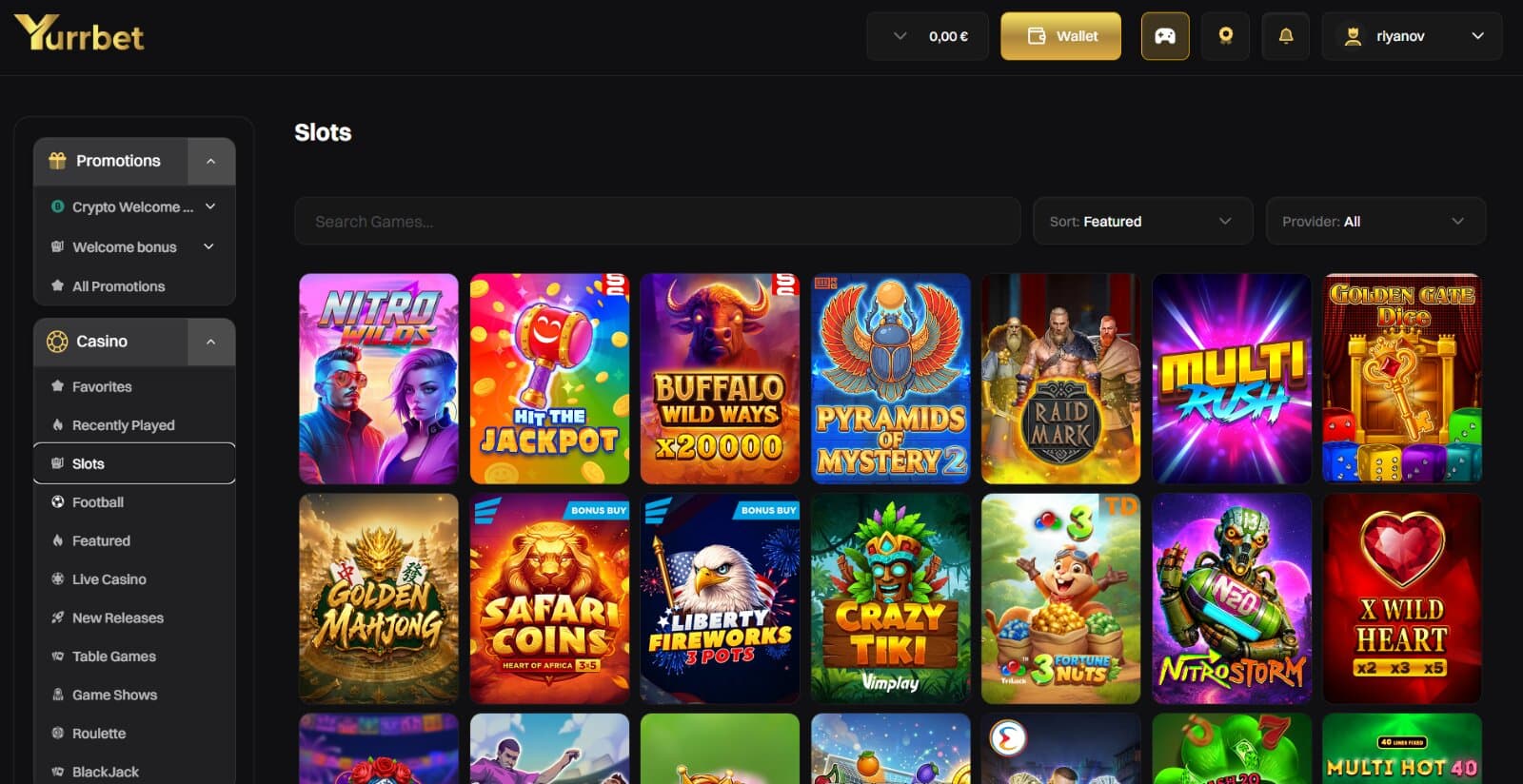 YurrBet Casino's games page featuring the slot icons under search bar, filter and provider dropdown