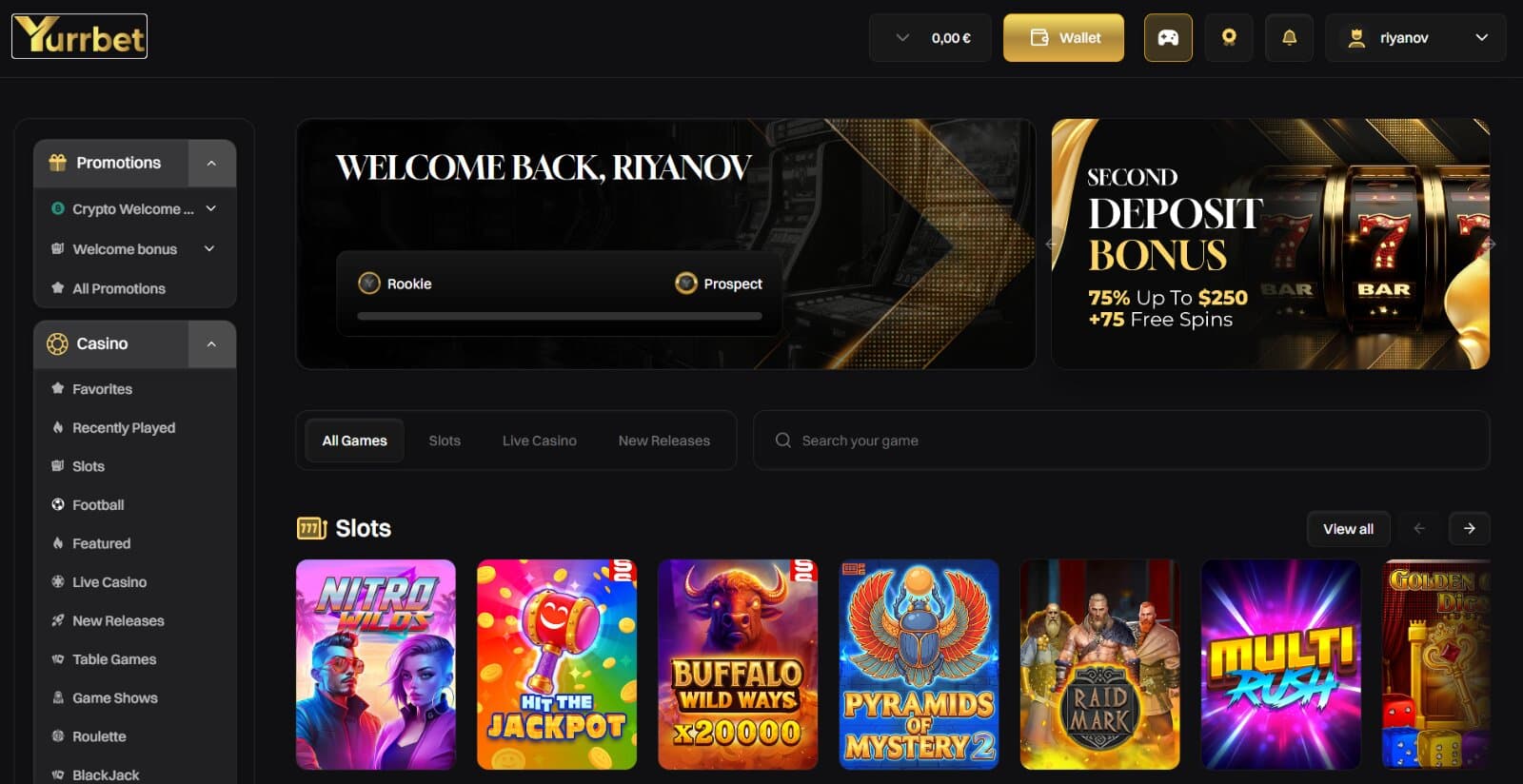 YurrBet Casino's landing page featuring the welcome banner, bonus, featured slot games and navigational menu and search boxes