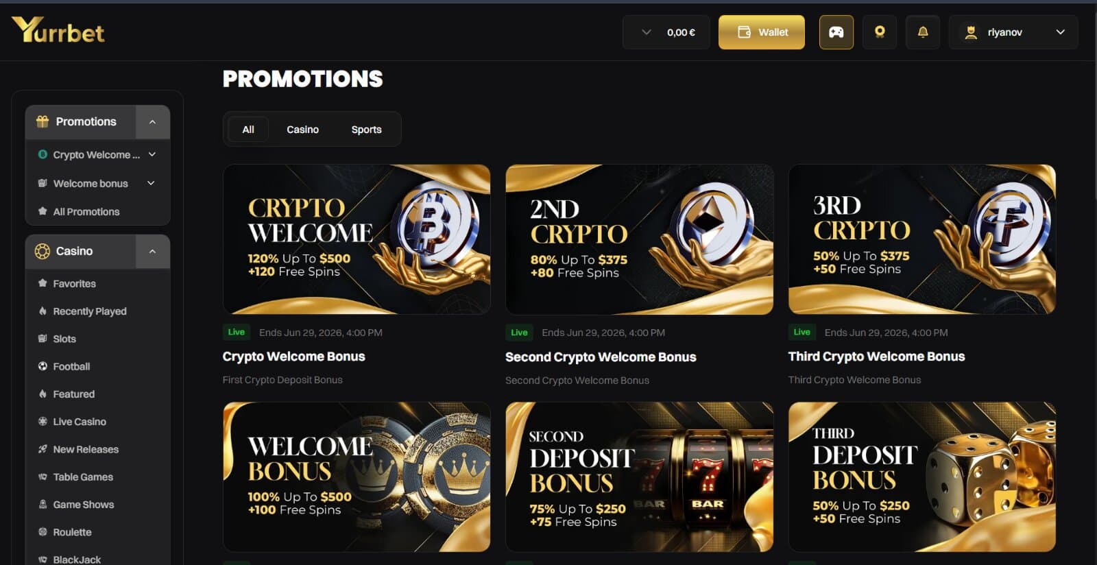 YurrBet Casino's promotions page featuring the welcome offers, VIP program, seasonal promotion and free bet bonus