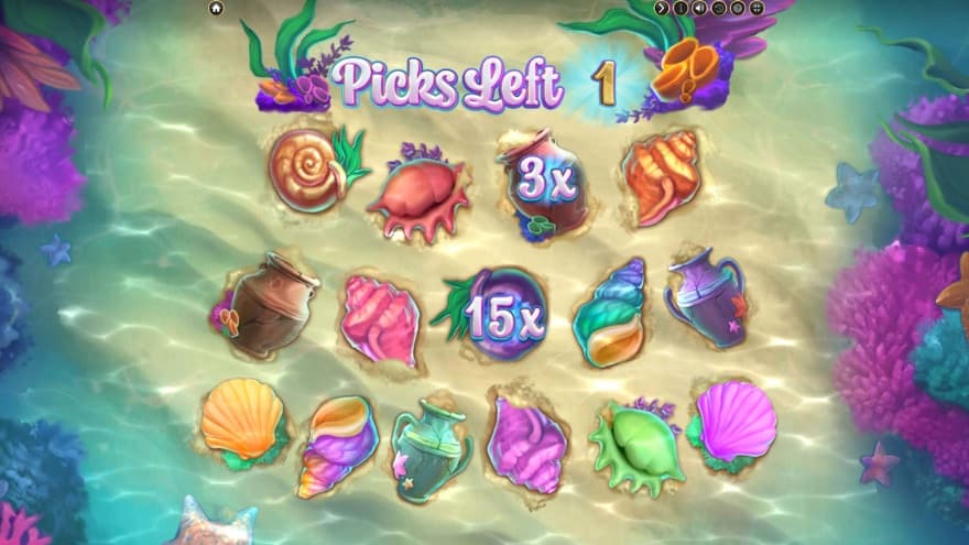 Picker Bonus with two revealed shells showing 3X and 15X.