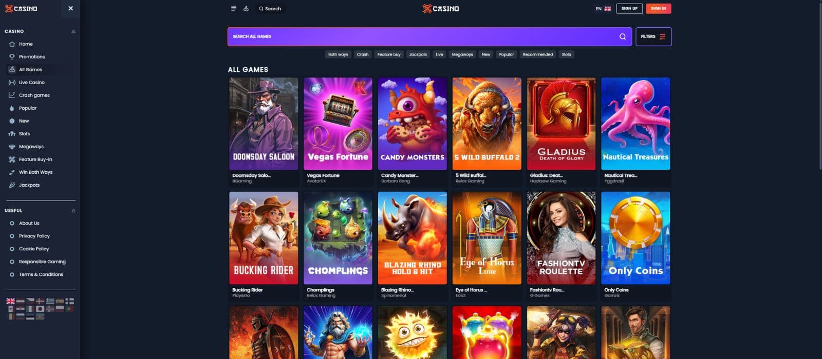 Zen Casino games page showing casino games and the available game categories