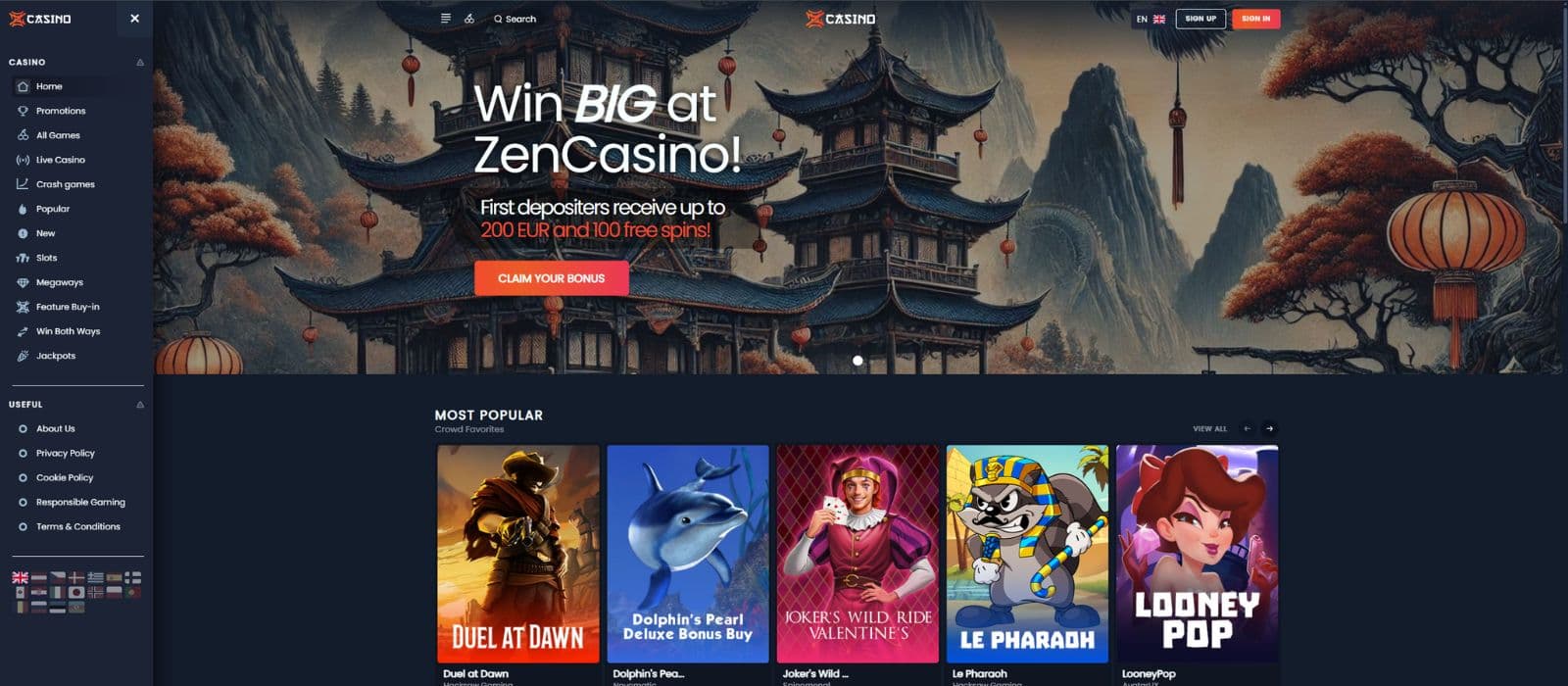 Zen Casino landing page showing a selection of games, the welcome bonus banner and the main menu to the left