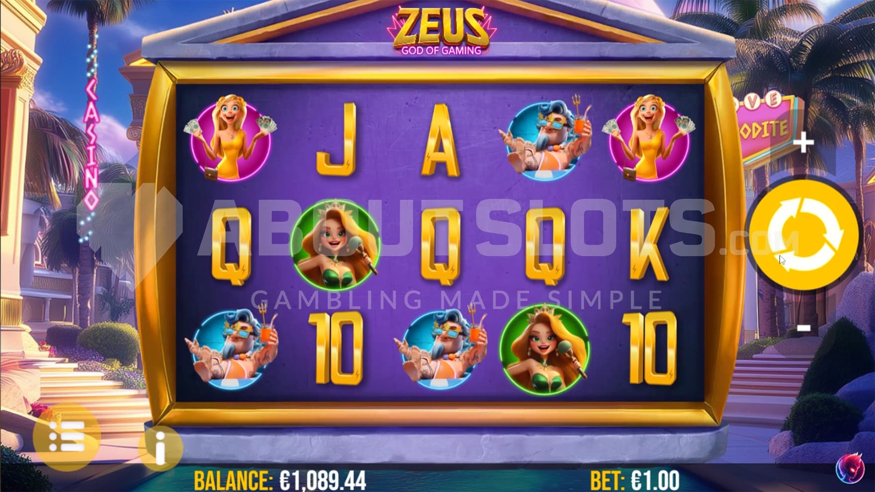 Base Game view of a 5x3 grid on a backdrop of an Ancient Greek themed casino resort.