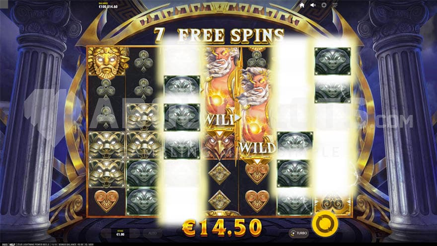 Free Spins round showing the Expanding Lightning feature in progress with 2 Stacked Wilds on reels 4 and 5.