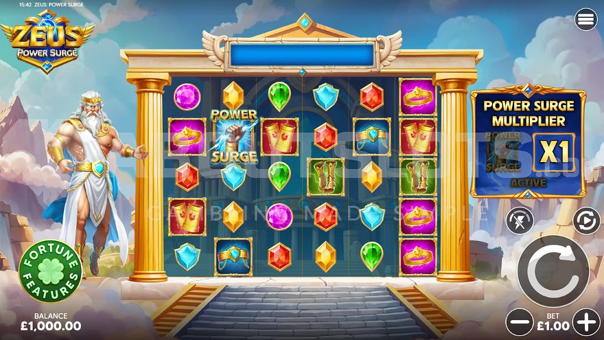 A casino slot with the Greek god Zeus to the side of the reels.