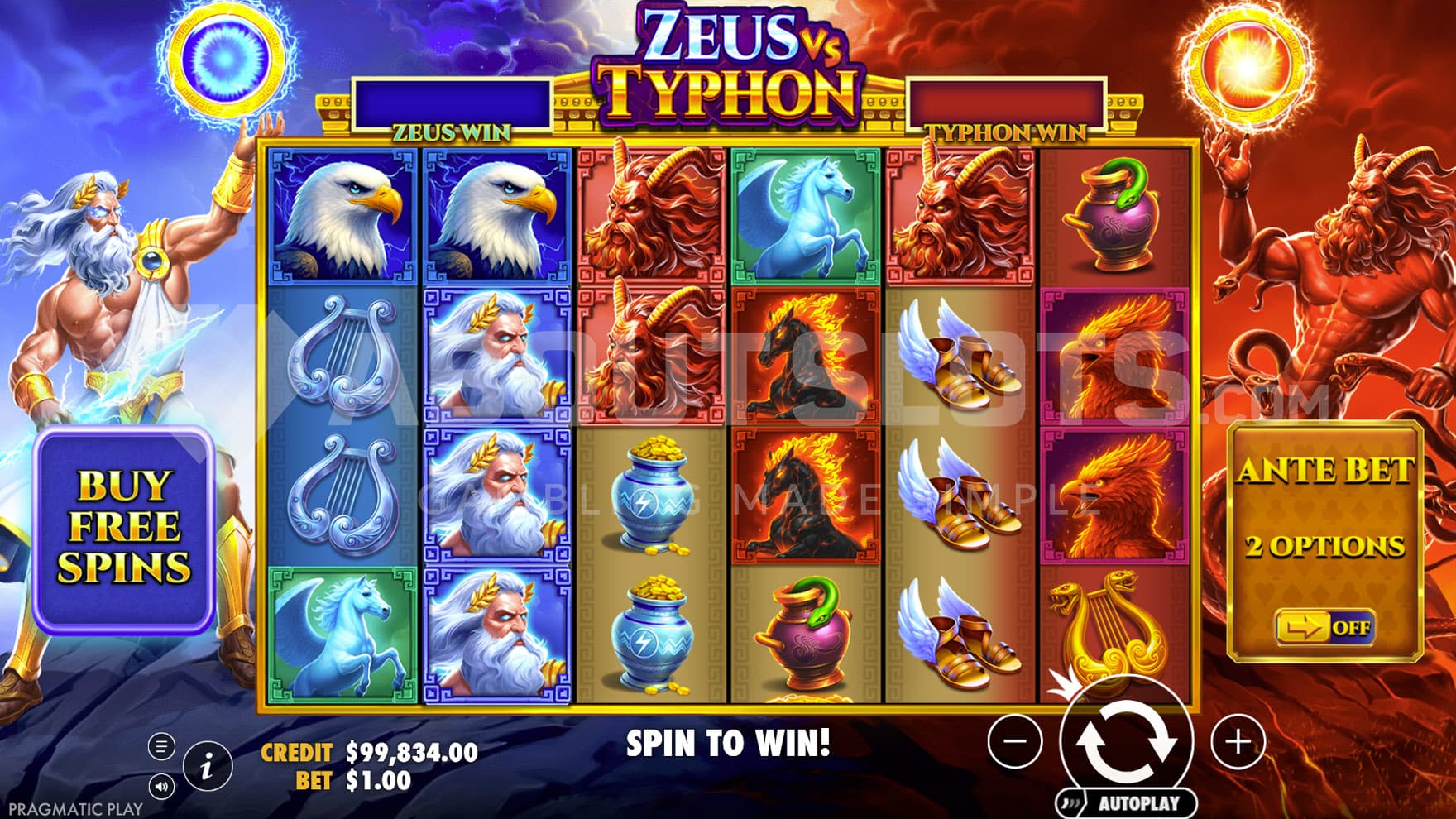 Base Game view with a scene split in half, displaying Zeus and his realm on the left and Typhon in his on the right.