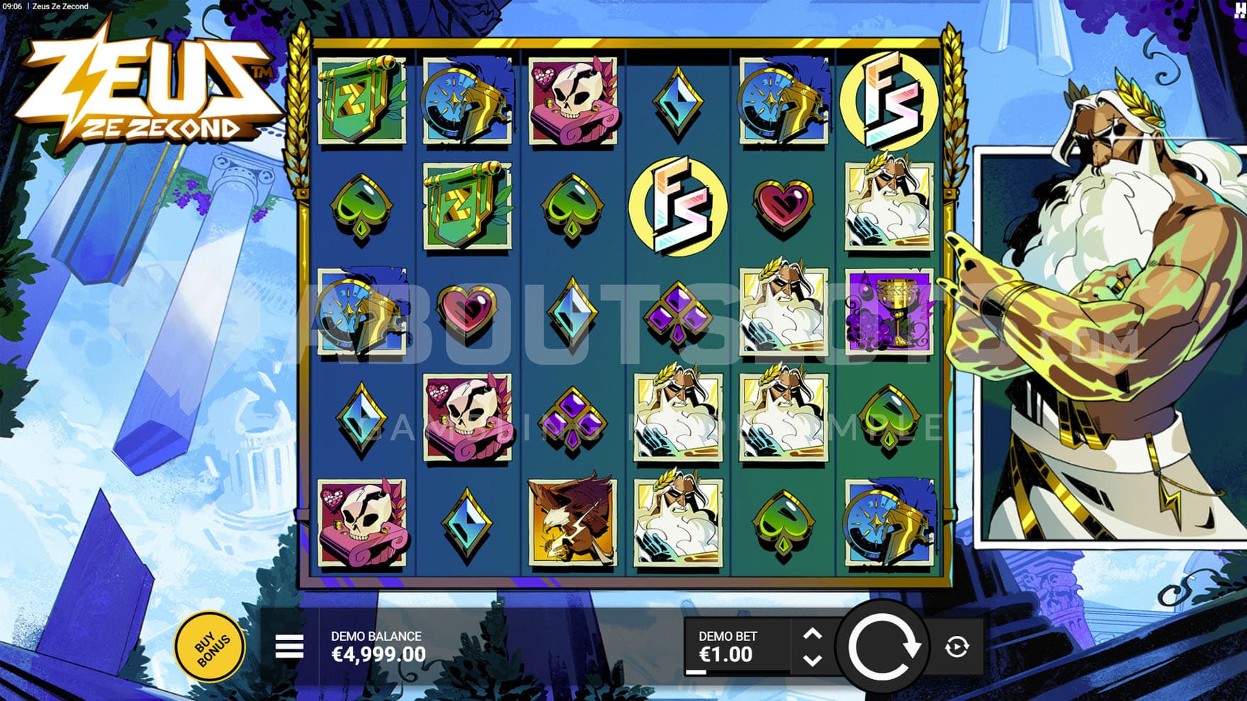 Base Game view of a 6x5 grid on a backdrop of a mythological land drawn in comic book style with Zeus standing on the right.