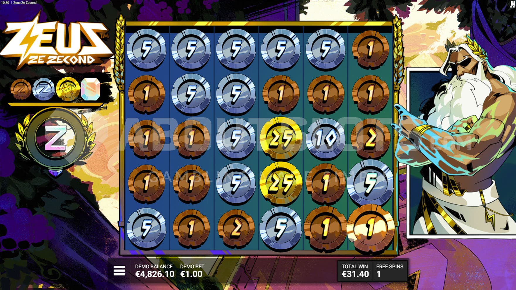 Godly Ascension Bonus in progress, showing a reward spin with all positions of the grid revealing coins with instant prizes.