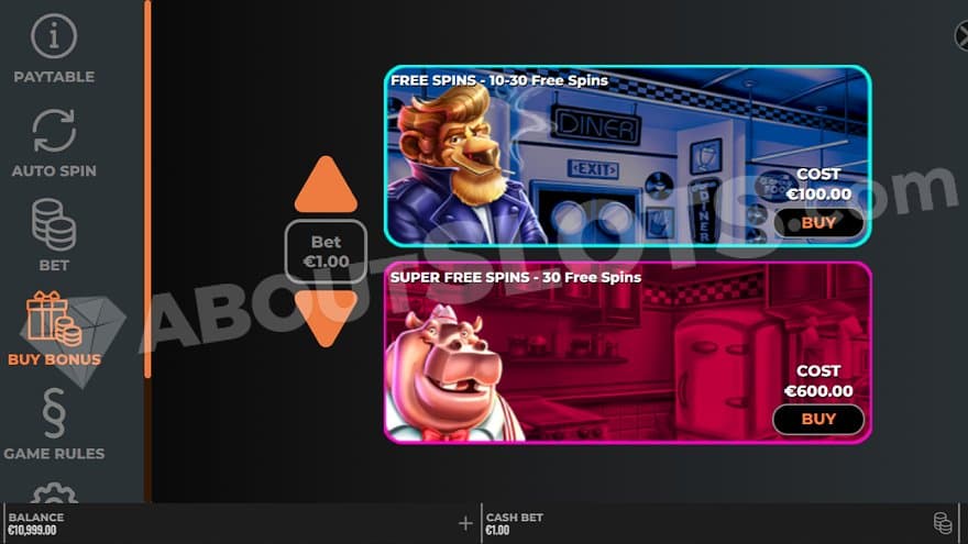 A menu offering the Free Spins for 100X the bet and the Super Free Spins for 600X the bet.