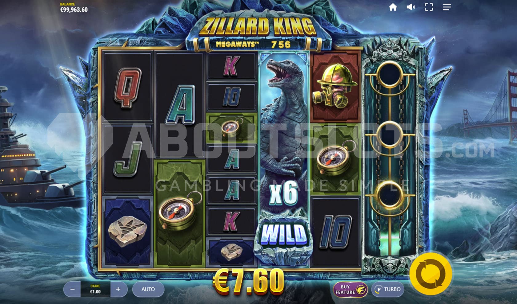 Base Game view of a 6-reel grid with variable number of symbols per column and a stacked full-reel Wild with an x6 multiplier on reel 4.