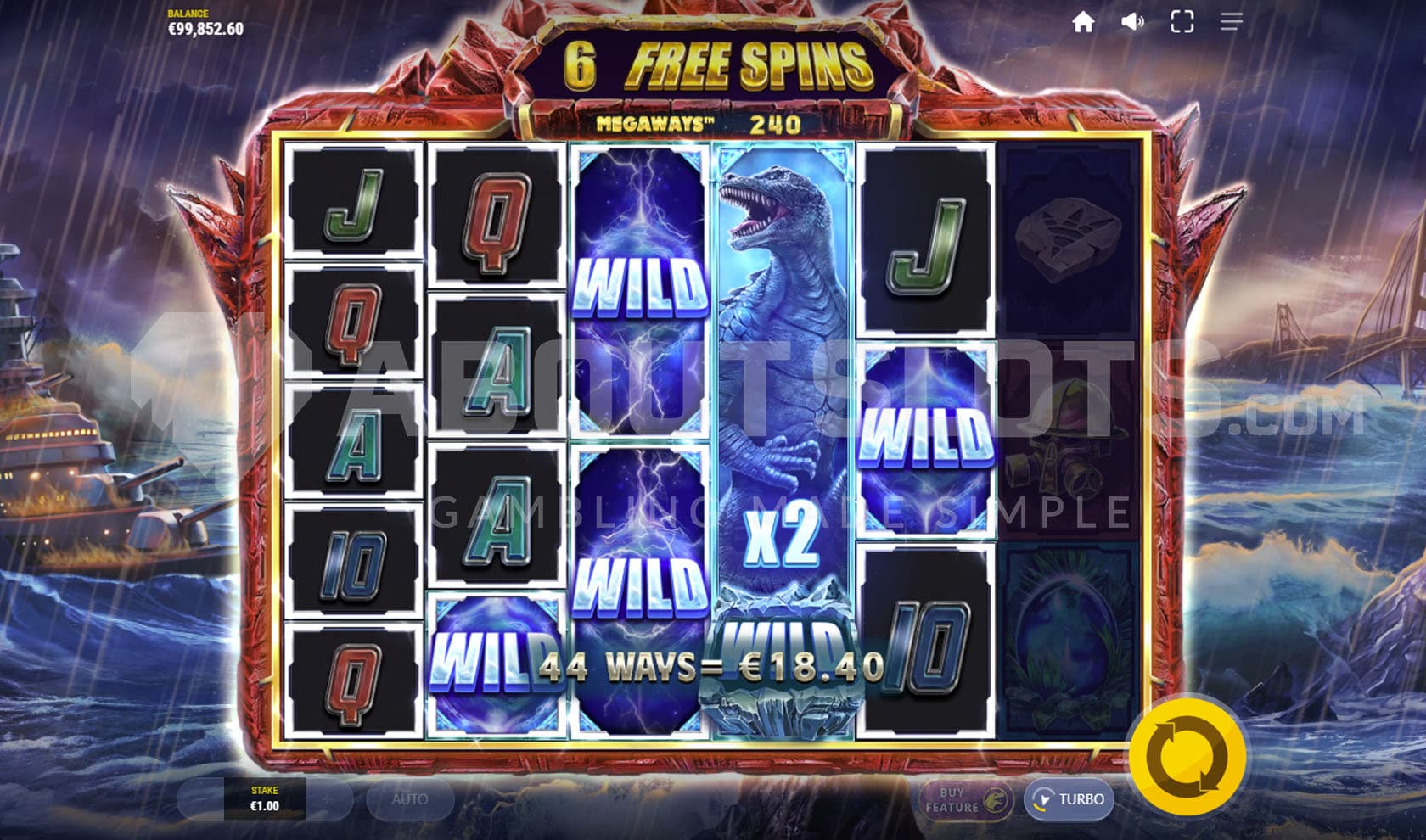 Free Spins bonus in progress showing a full stacked Wild on reel 4 and multiple single Wilds on the grid creating several simultaneous wins.
