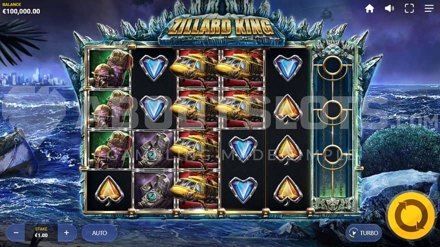 A casino slot with 5 reels and an extra reel to the right.