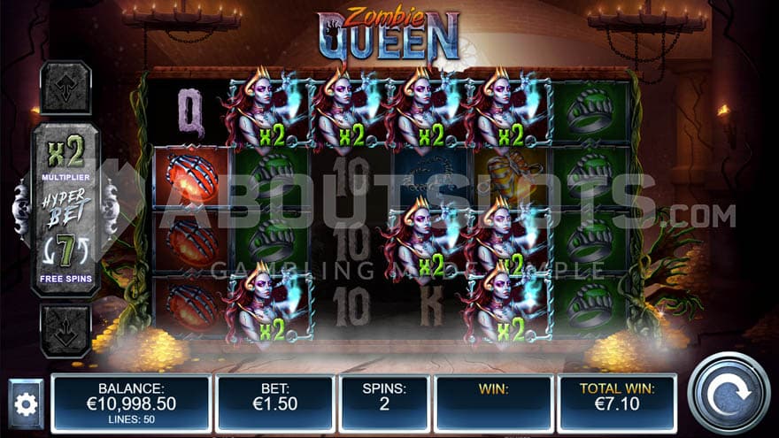 Zombie Queen free spins round with several Sticky Wild Multipliers on the grid.