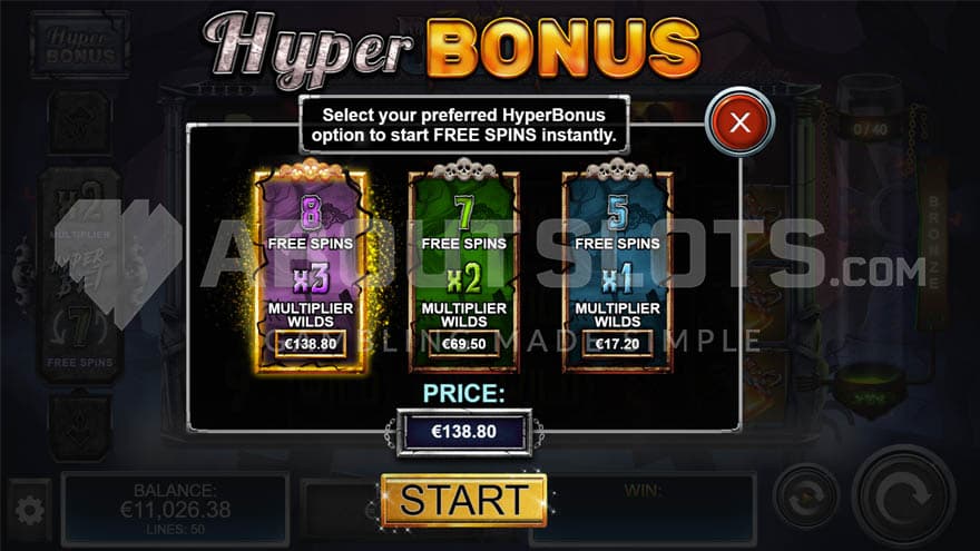 Feature Buy screen showing three options for activating different combinations of the bonus round.