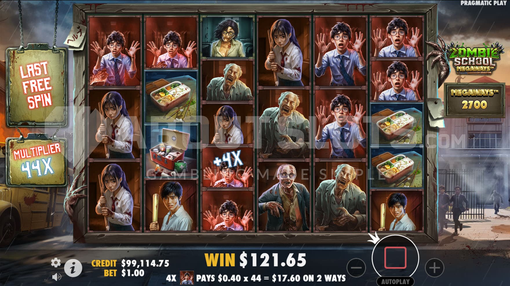 Progressive Multiplier Free Spins in progress, showing a global multiplier built to 44x.