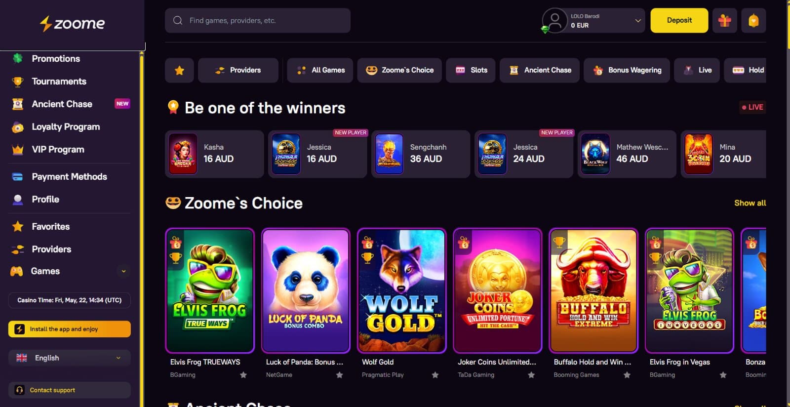 Zoome Casino's landing page featuring the top slot picks, recent big wins, side menu with lobby and account buttons