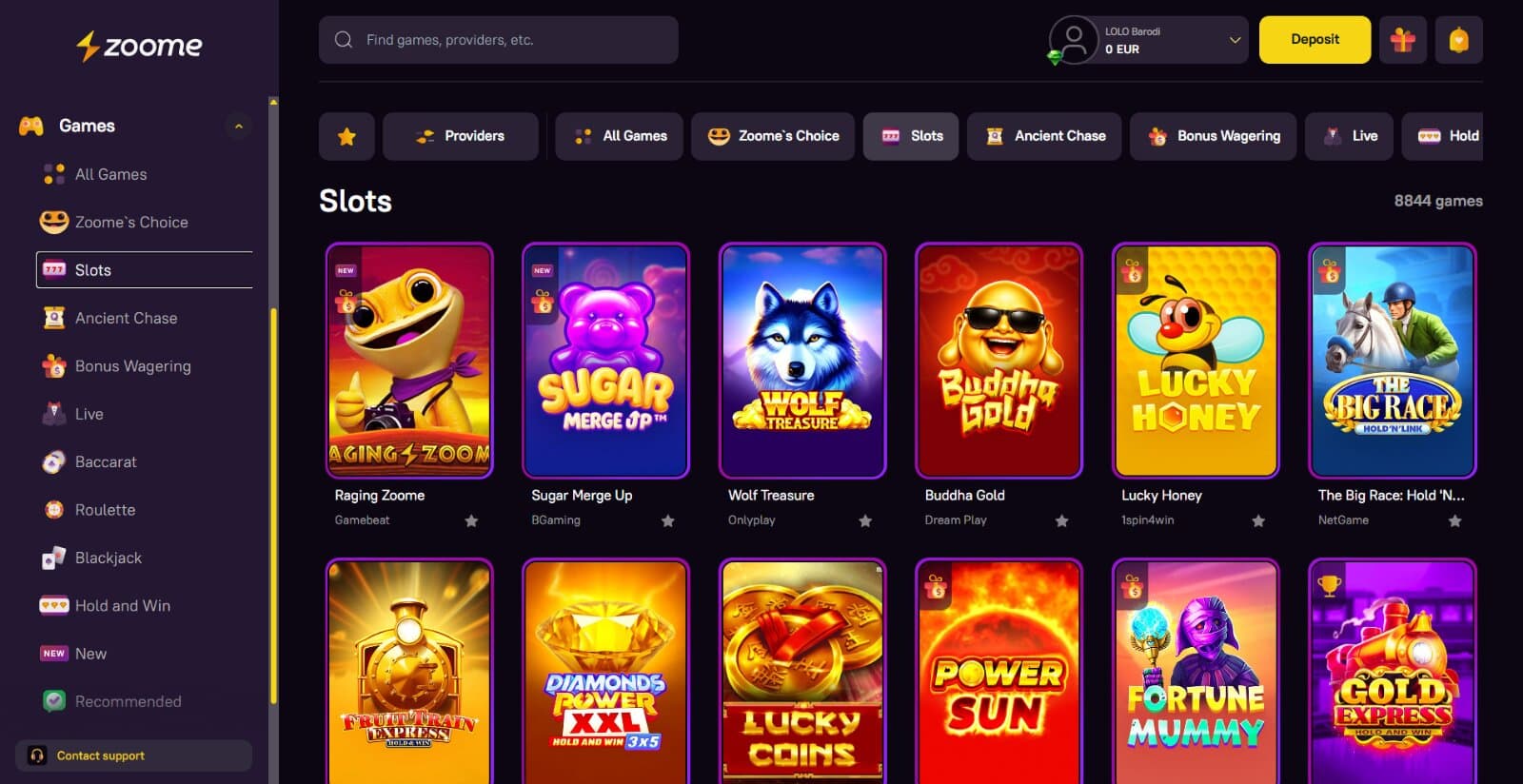 Zoome Casino's games lobby featuring the slots lobby with game category tabs and featured icons