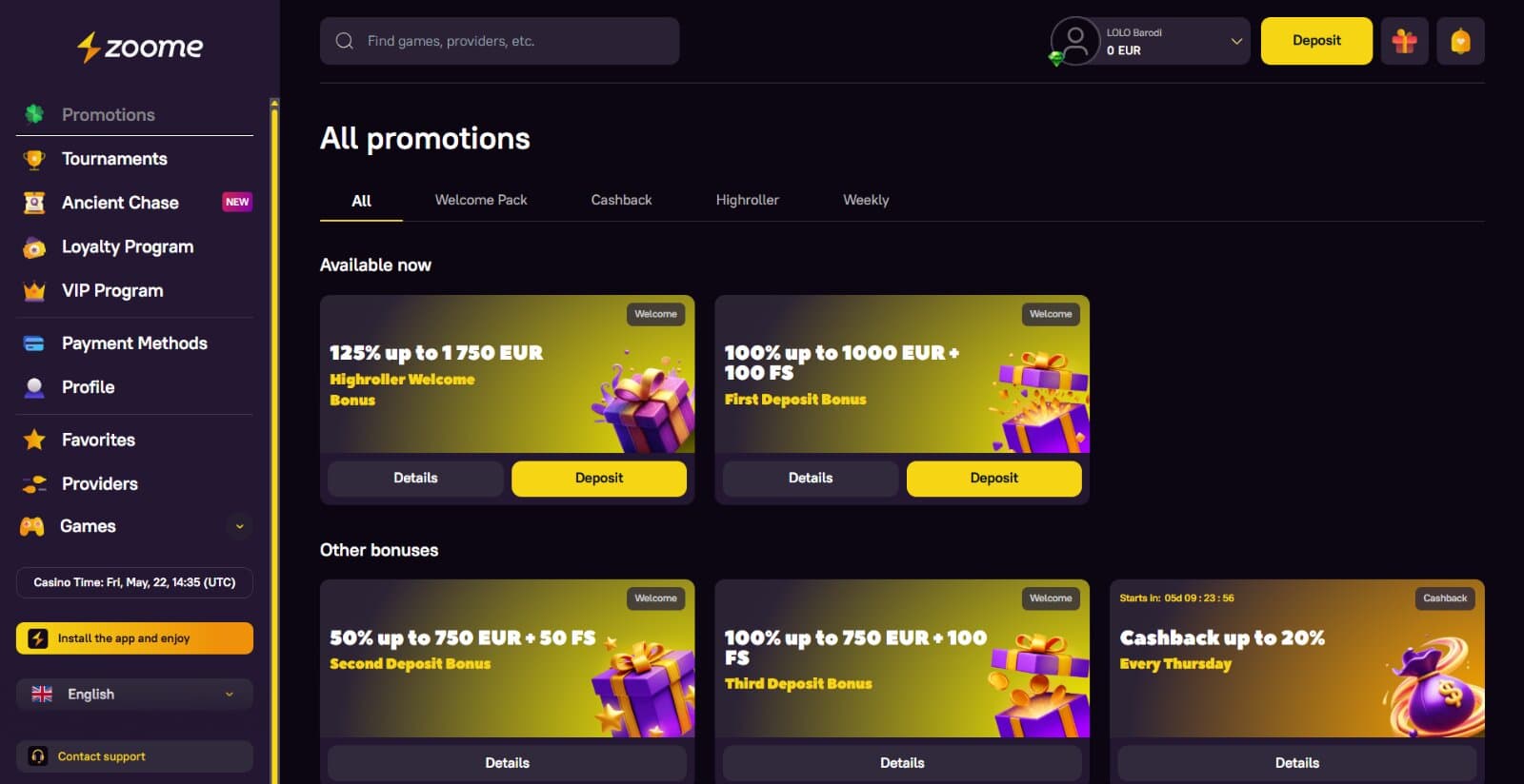Zoome Casino's promotions page listing the welcome bonus deposits, reload offers, high roller bonus and VIP rewards
