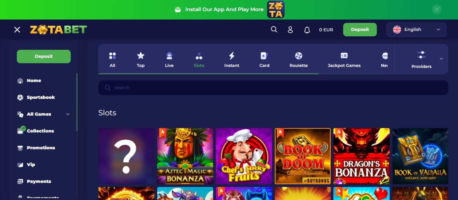 Zotabet Casino's slot games category, showing titles such as Aztec Magic Bonanza and other games.