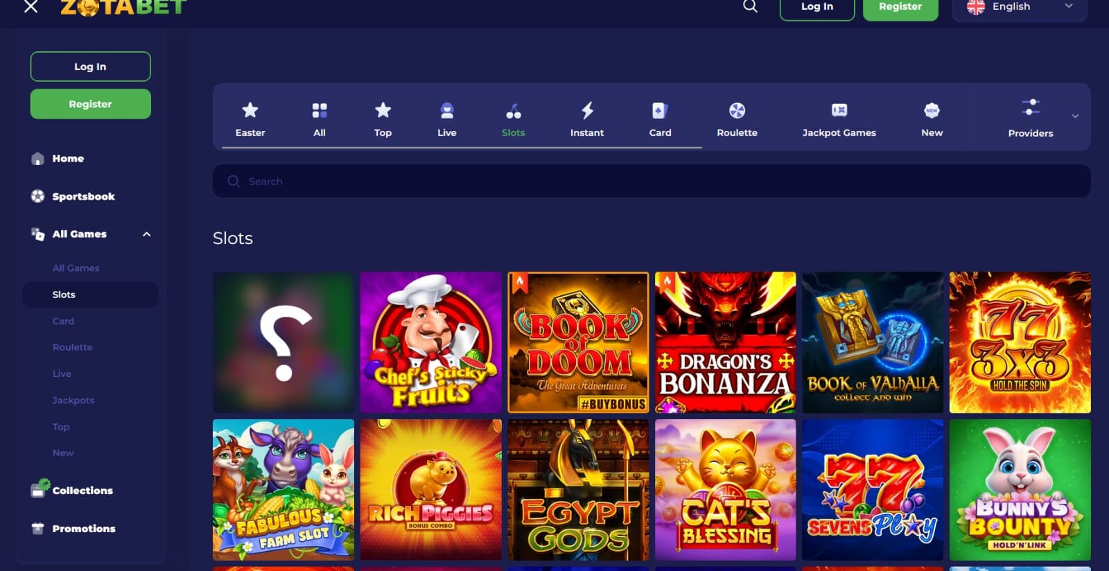 Zotabet Casino's game page featuring the slot and table game titles under general categories and search button